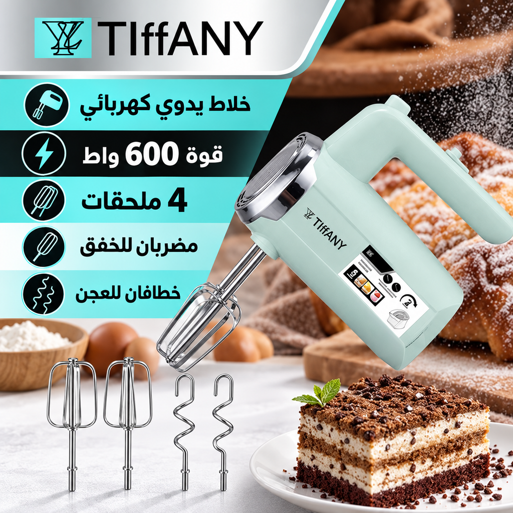 خلاط يدوي كهربائي بقوة 600 واط مع 4 ملحقات — TIFFANY Electric Hand Mixer – 600W with 4 Attachments