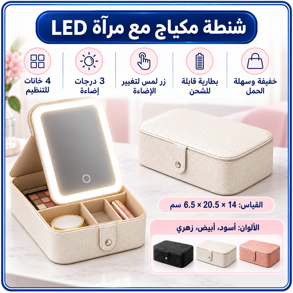 شنطة مكياج مع مرآة LED وإضاءة قابلة للشحن — Makeup Case with Rechargeable LED Mirror