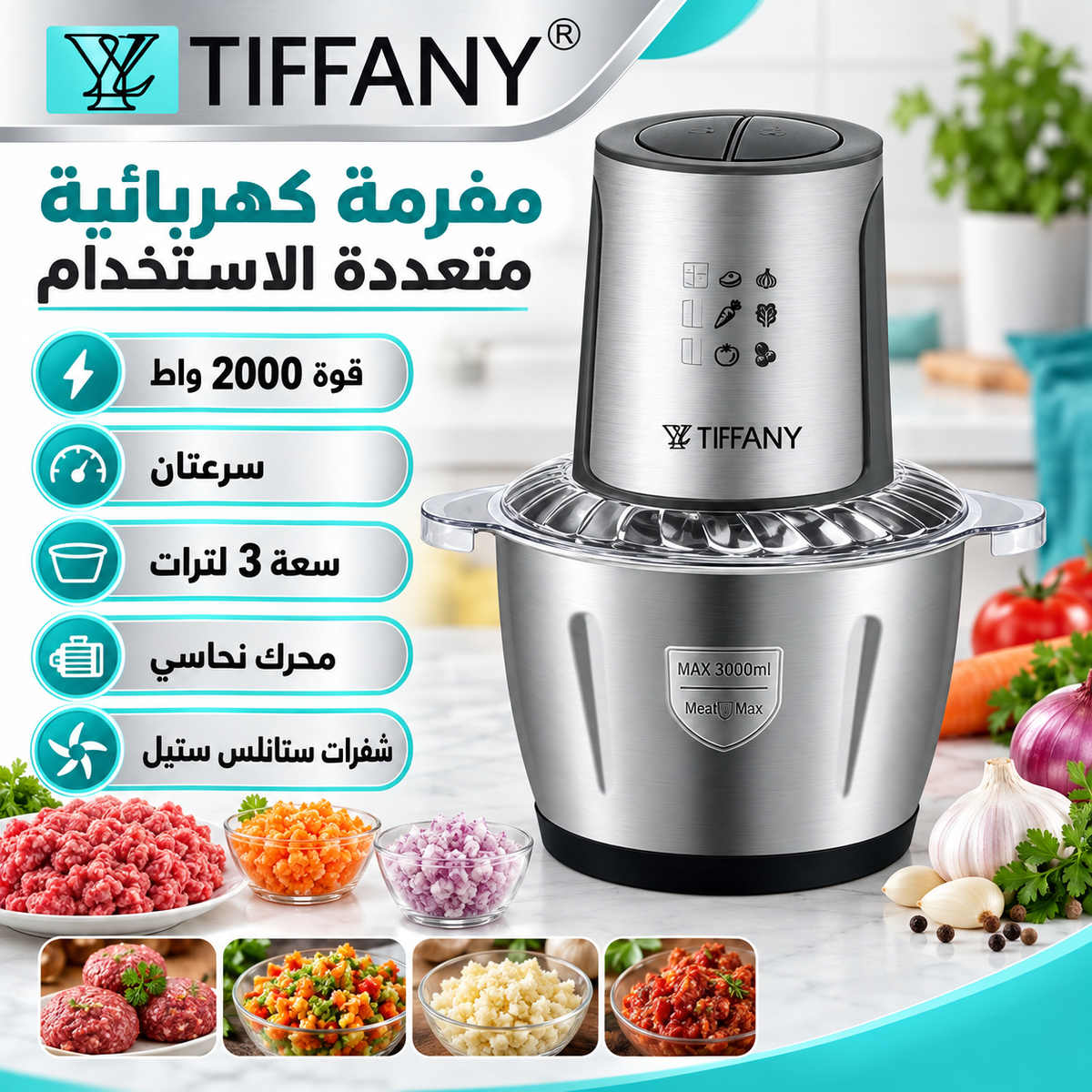 مفرمة كهربائية سعة 3 لترات بقوة 2000 واط — 3L Electric Food Chopper – 2000W