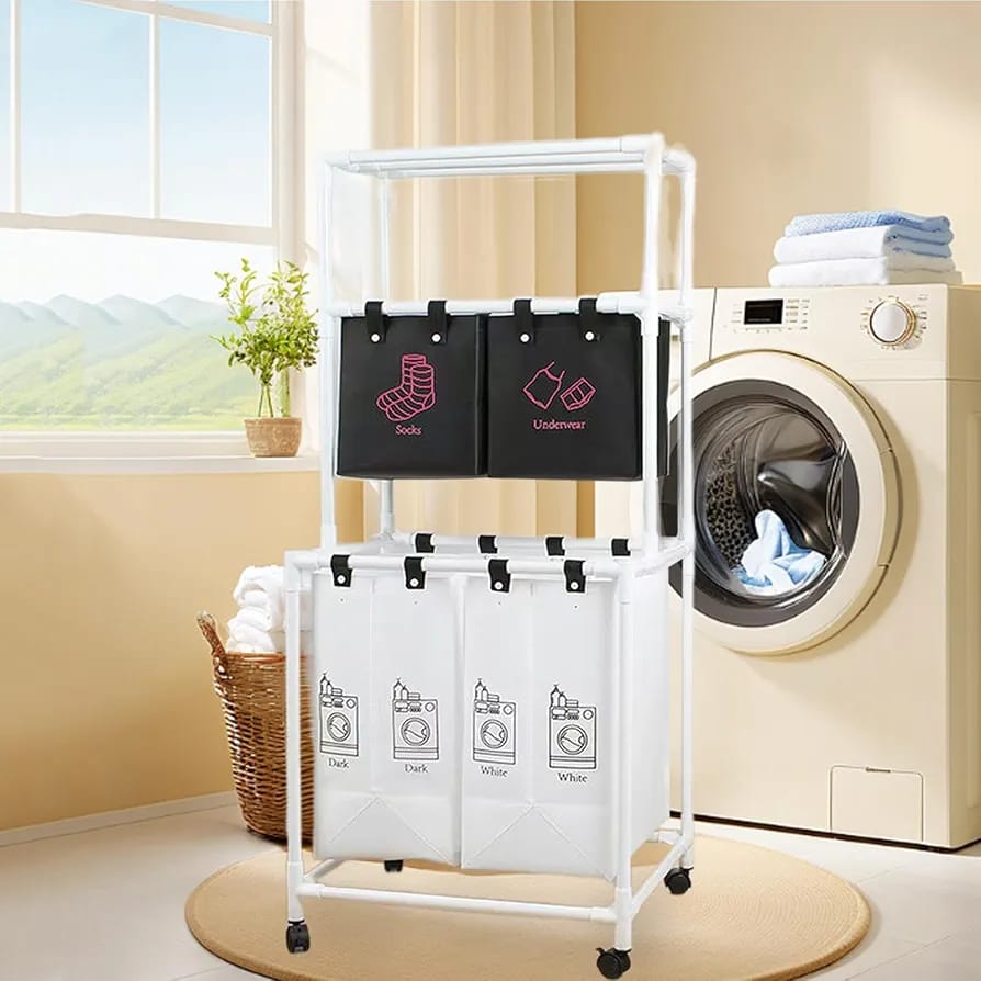 ستاند لفرز الغسيل مع دواليب و 4 خانات ودرجين علويين — 4-Section Rolling Laundry Sorter with 2 Top Drawers