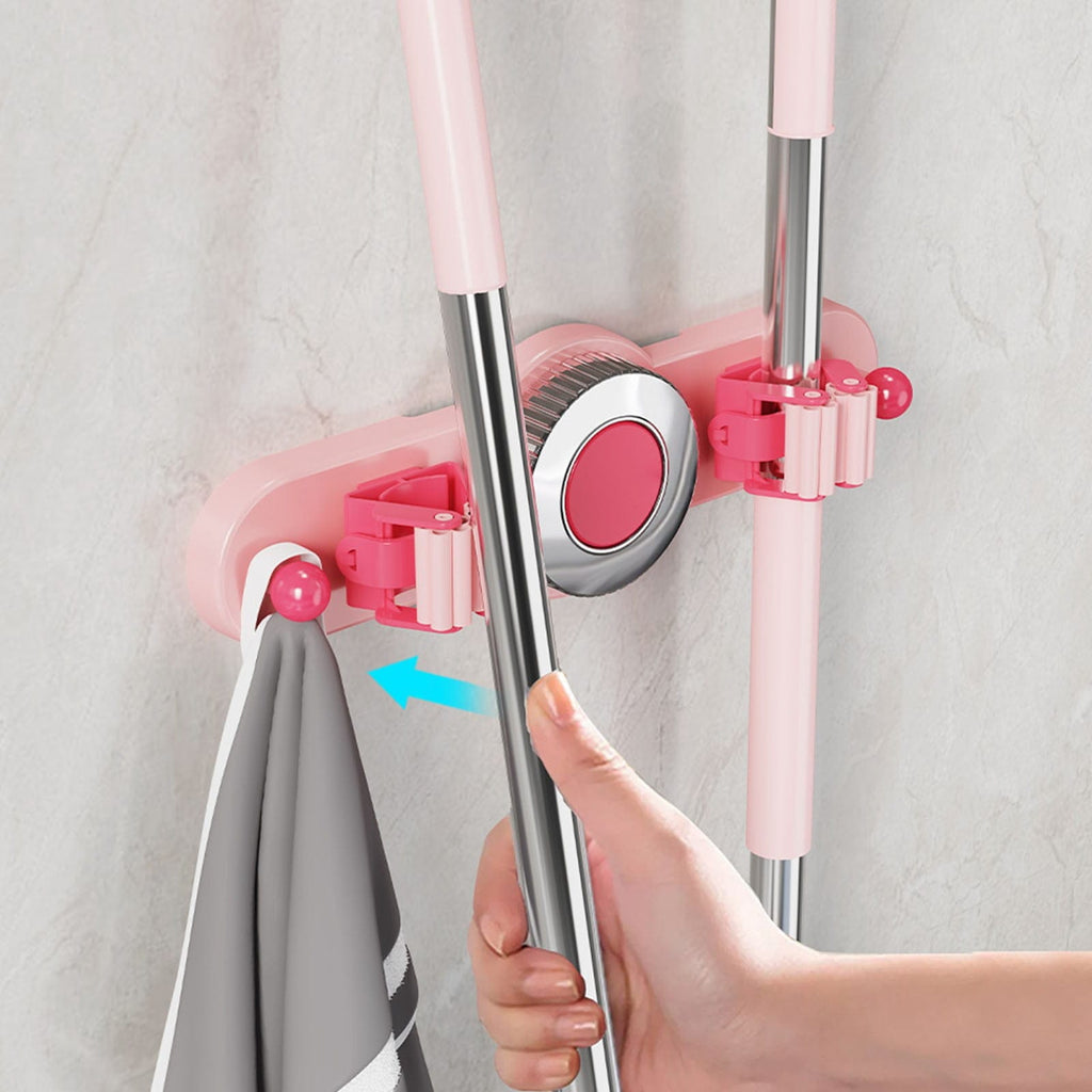 علاقة حائط للعصي والمناشف – قطعتان ضغط وعلاقتان — Wall-Mounted Mop and Towel Holder – 2 Grips and 2 Hooks