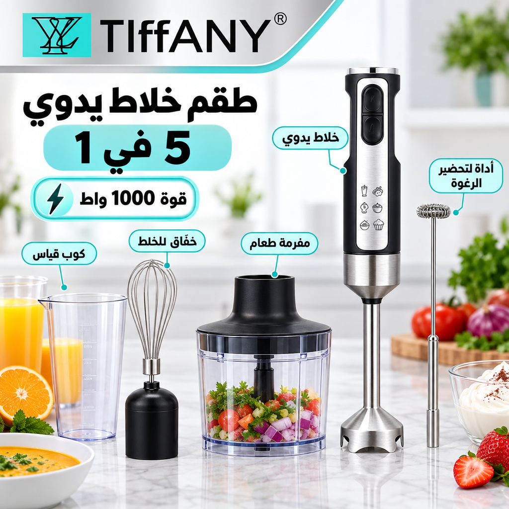 طقم خلاط يدوي 5 في 1 بقوة 1000 واط من - TIFFANY 5-in-1 Hand Blender Set – 1000W
