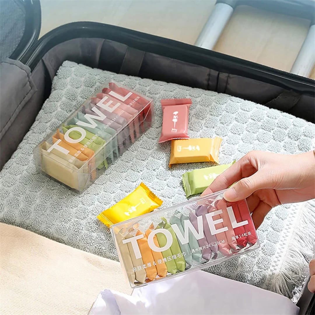 منشفة مضغوطه بعلبه 14 قطعه — Compressed Towels in a Container – 14 Pieces