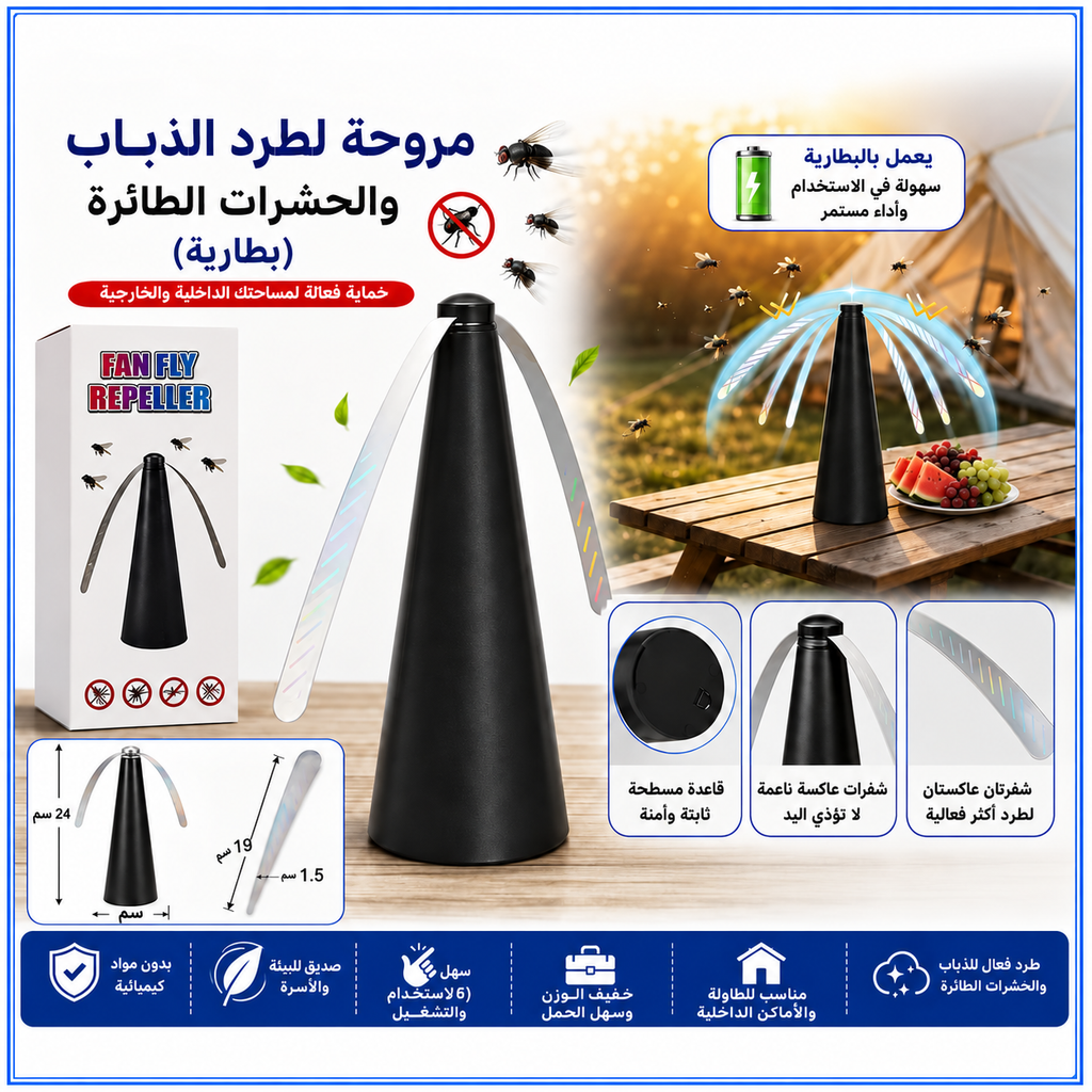مروحة طاولة لطرد الذباب والحشرات الطائرة تعمل بالبطارية – 24 سم — Battery-Powered Fly Repellent Table Fan – 24 cm