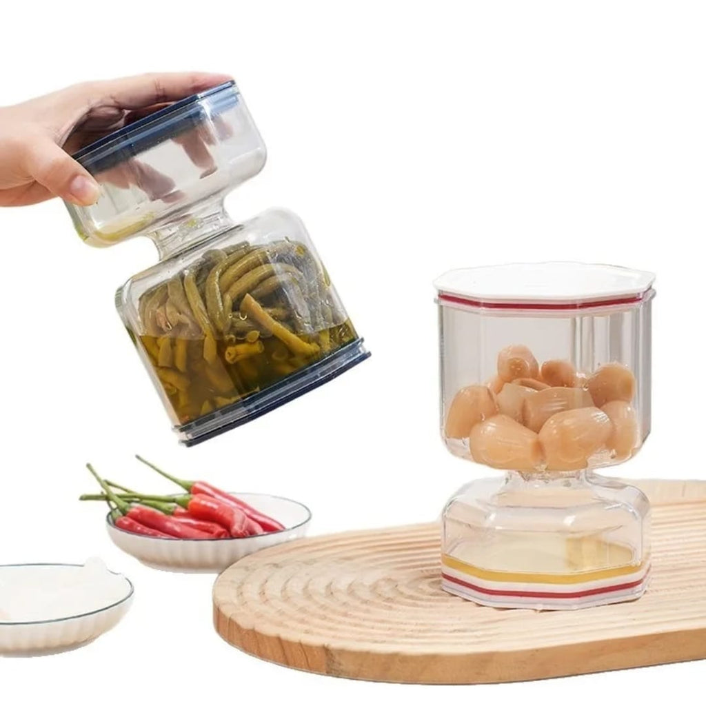 مرطبان زيتون ومخللات بفاصل للسوائل وشوكة قابلة للطي – 10 × 10 × 15 سم — Pickle and Olive Jar with Liquid Separator and Folding Fork – 10 × 10 × 15 cm