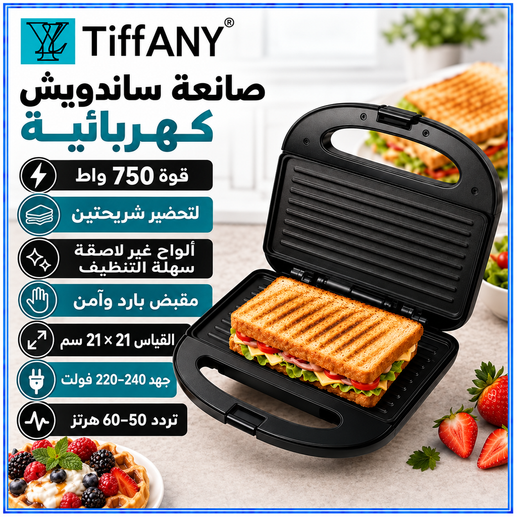 ساب ساندويش كهربائية لشريحتين بقوة 750 واط — 2-Slice Electric Sandwich Maker – 750W