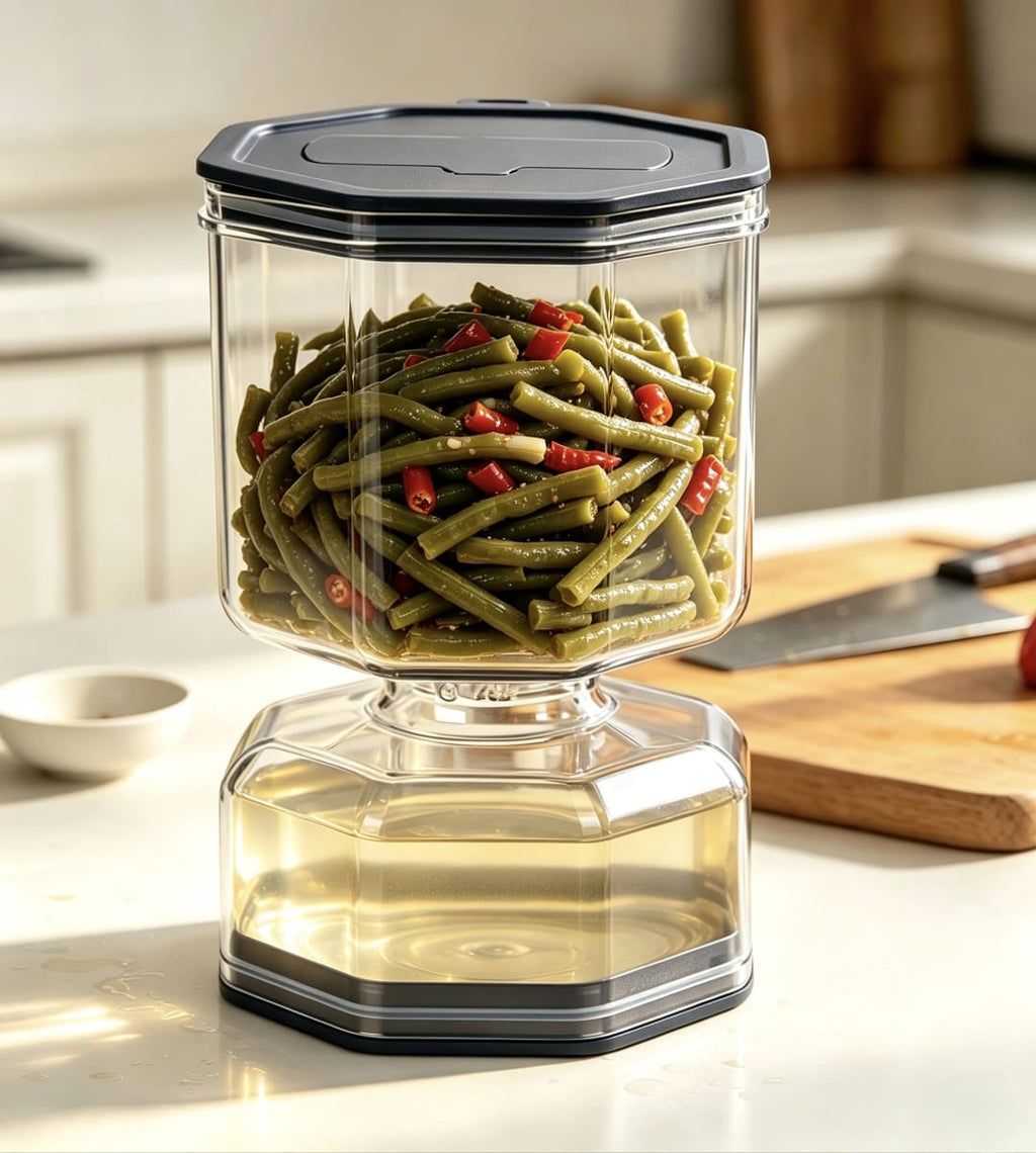 مرطبان زيتون ومخللات بفاصل للسوائل وشوكة قابلة للطي – 10 × 10 × 15 سم — Pickle and Olive Jar with Liquid Separator and Folding Fork – 10 × 10 × 15 cm