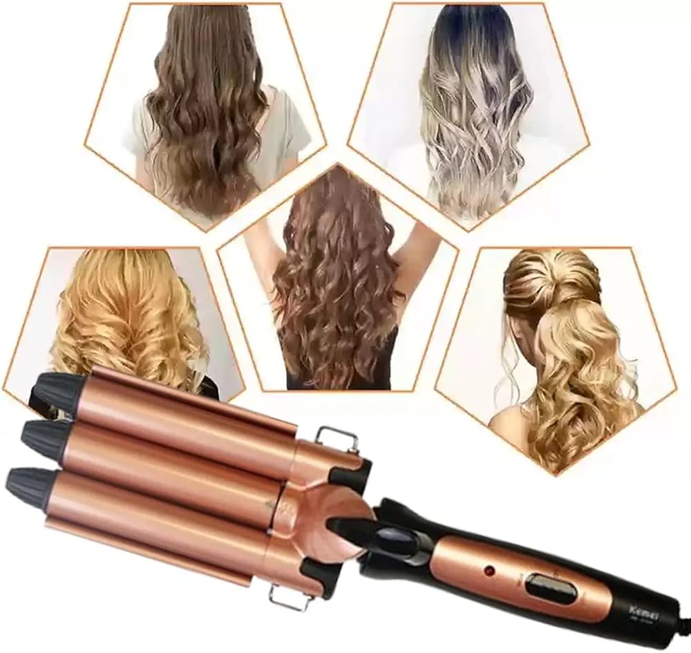 فير شعر 3 اصابع — Kemei KM-1010A Professional Triple-Barrel Hair Waver – 90W