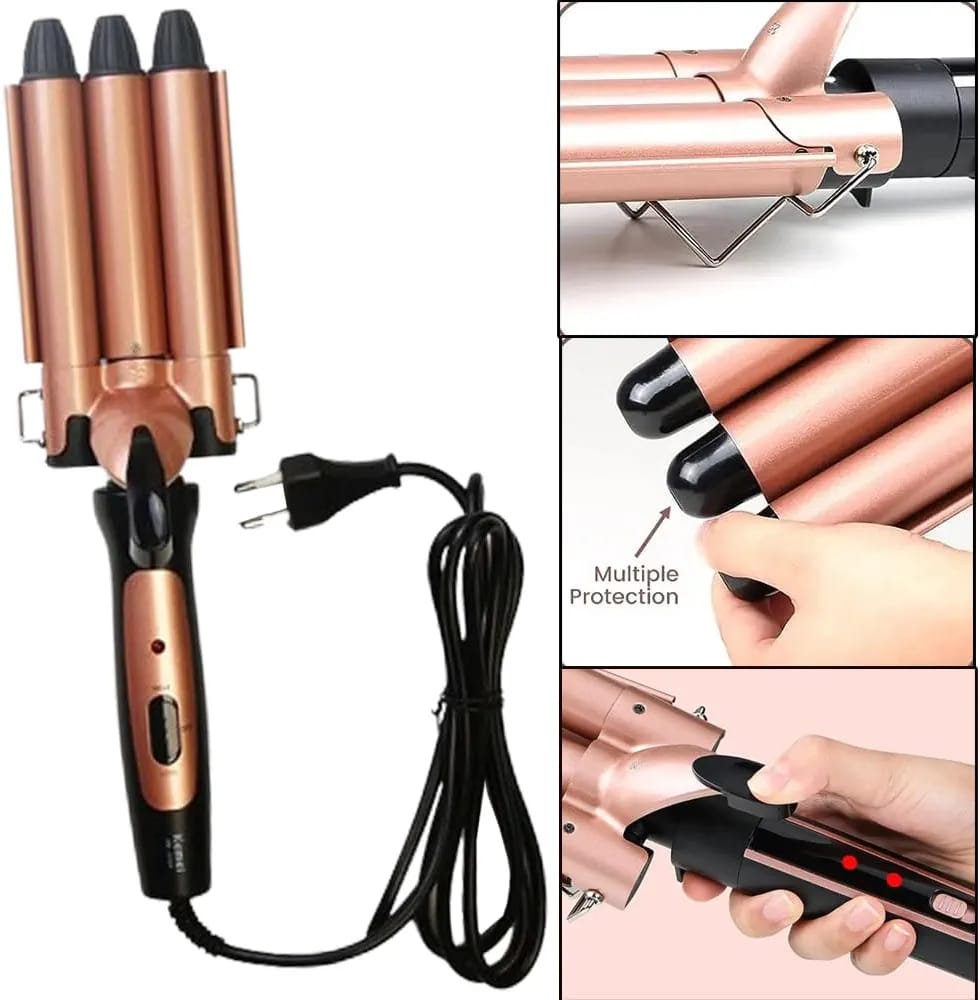 فير شعر 3 اصابع — Kemei KM-1010A Professional Triple-Barrel Hair Waver – 90W
