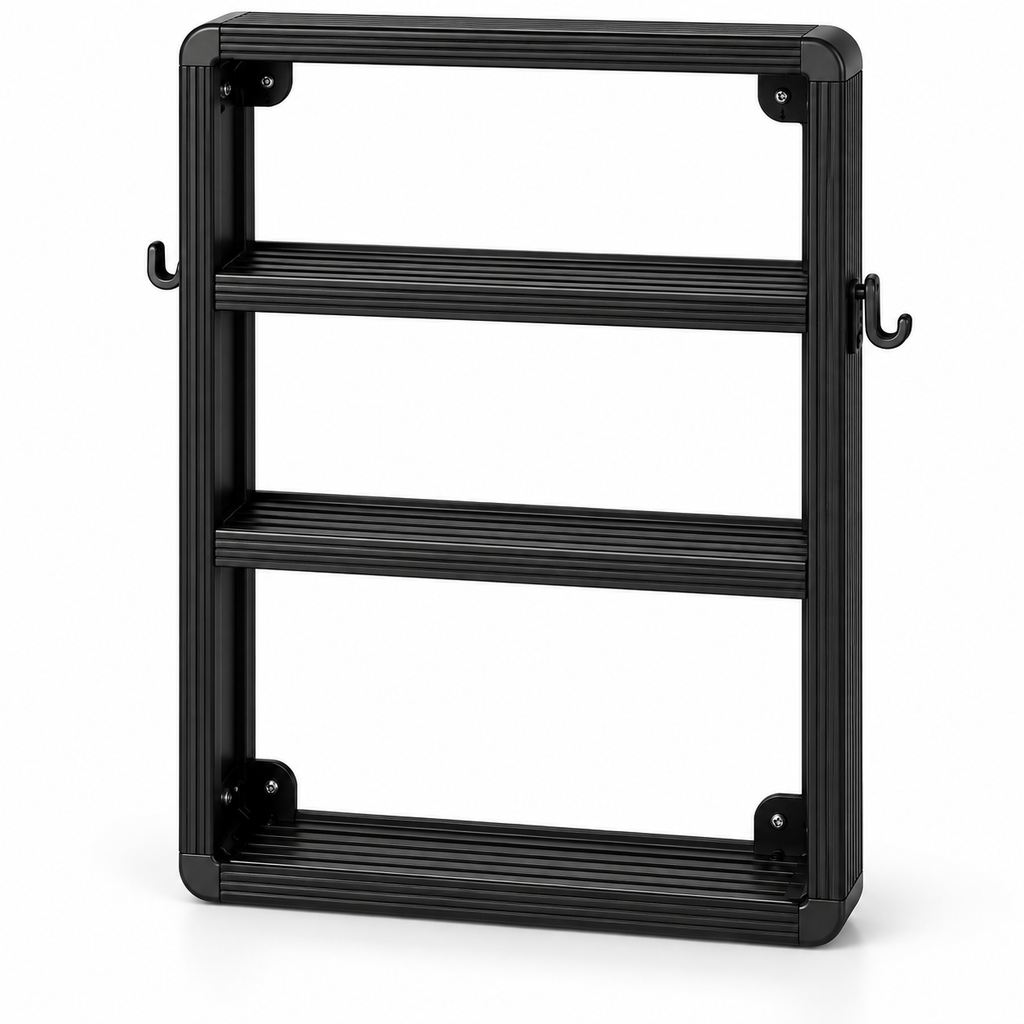 ستاند مطبخ معدني من 3 رفوف مع خطافات جانبية – أسود — 3-Tier Metal Kitchen Rack with Side Hooks – Black