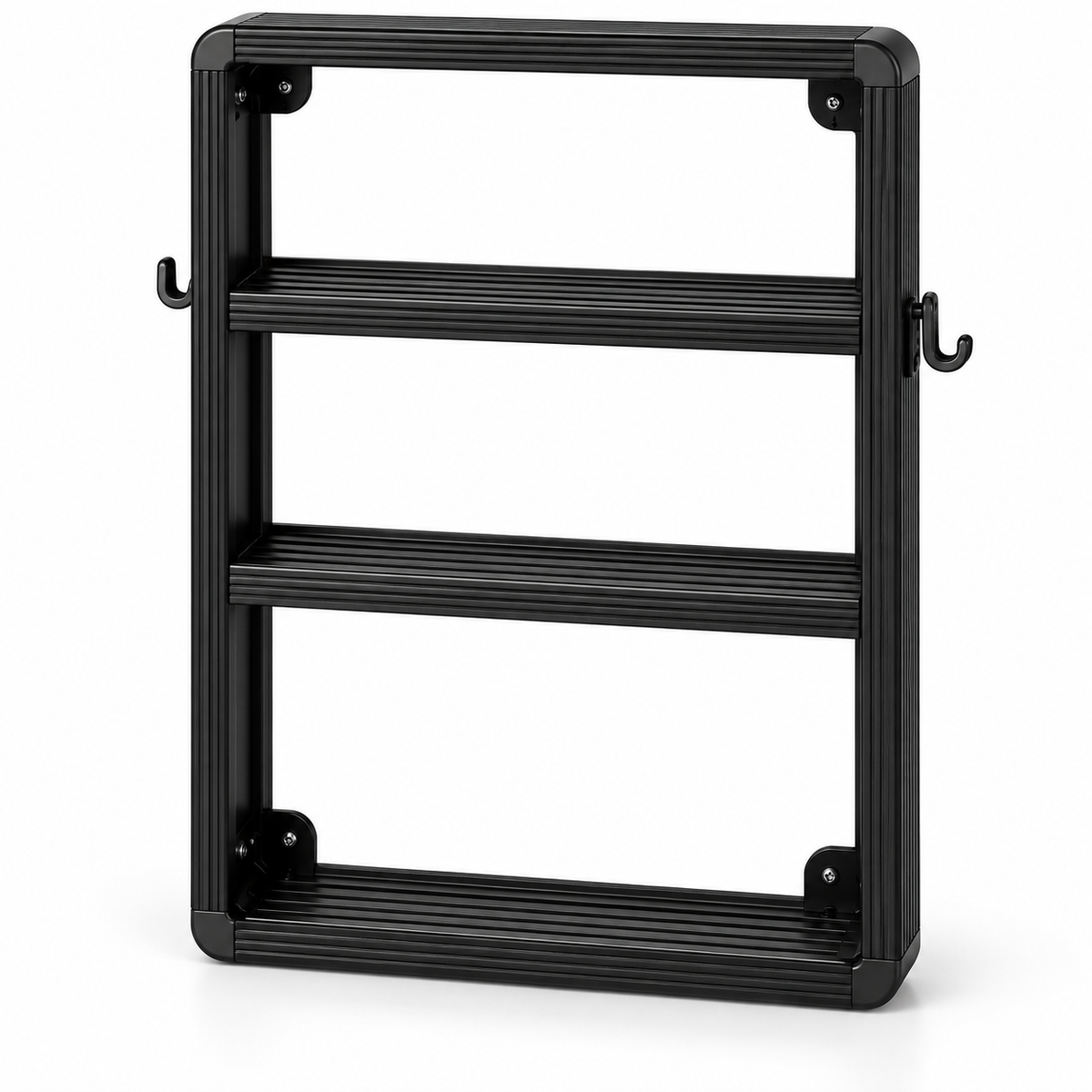 ستاند مطبخ معدني من 3 رفوف مع خطافات جانبية – أسود — 3-Tier Metal Kitchen Rack with Side Hooks – Black