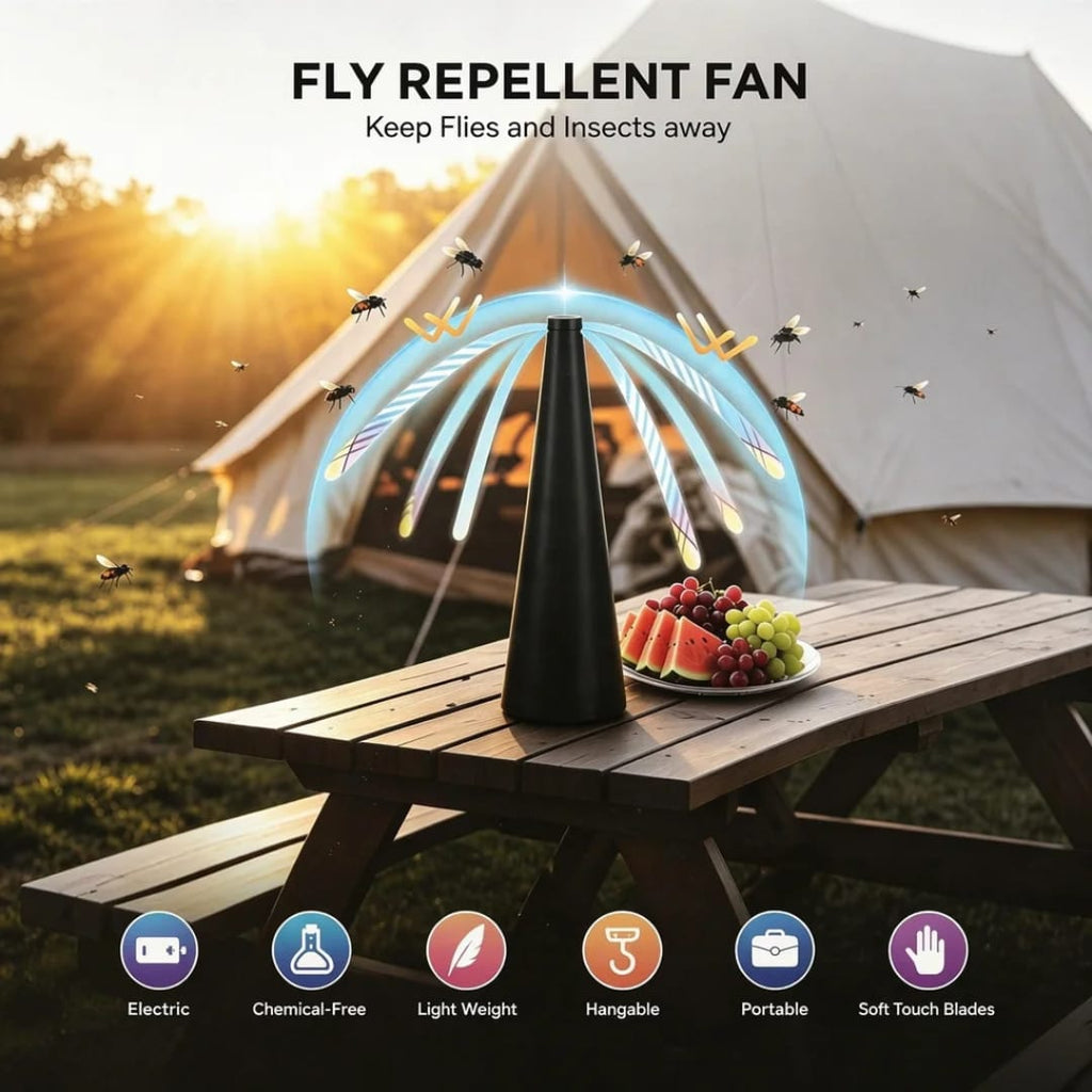 مروحة طاولة لطرد الذباب والحشرات الطائرة تعمل بالبطارية – 24 سم — Battery-Powered Fly Repellent Table Fan – 24 cm