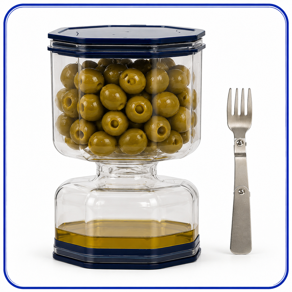 مرطبان زيتون ومخللات بفاصل للسوائل وشوكة قابلة للطي – 10 × 10 × 15 سم — Pickle and Olive Jar with Liquid Separator and Folding Fork – 10 × 10 × 15 cm
