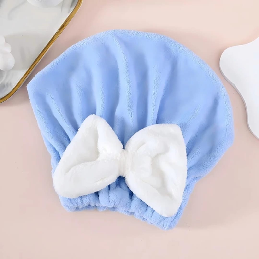 منشفة شعر مايكروفايبر سريعة الامتصاص بربطة على شكل بابوينه — Quick-Dry Microfiber Hair Towel with Bow Tie