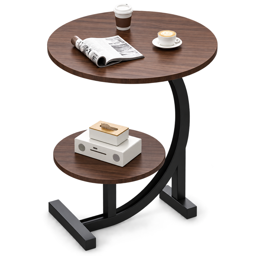 طاولة خشب طبقتين قاعدة حديد لون جوزي - Two-Tier Walnut Wood Side Table with Metal Frame