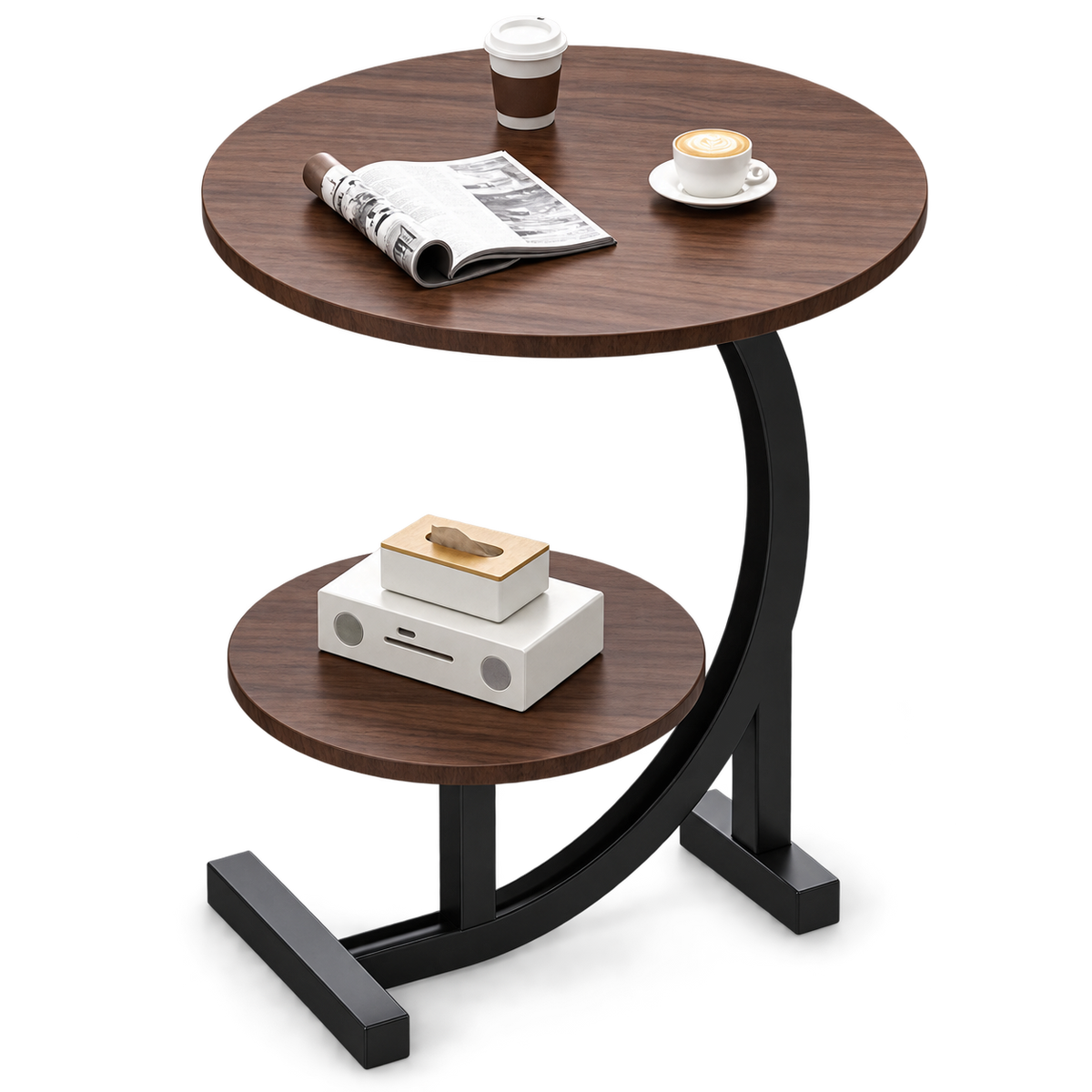 طاولة خشب طبقتين قاعدة حديد لون جوزي - Two-Tier Walnut Wood Side Table with Metal Frame