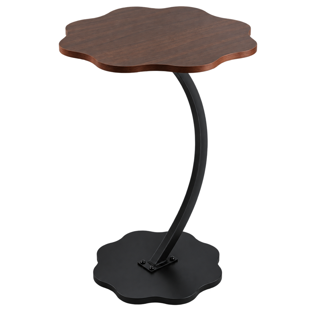 طاولة خشب جوزي شكل وردة عمود حديد - Walnut Flower-Shaped Side Table with Metal Stand