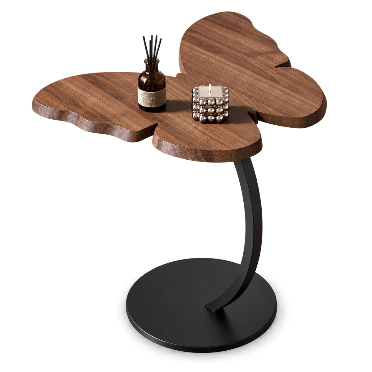 طاولة خشب جوزي شكل فراشة عمود حديد - Walnut Butterfly-Shaped Side Table with Metal Stand
