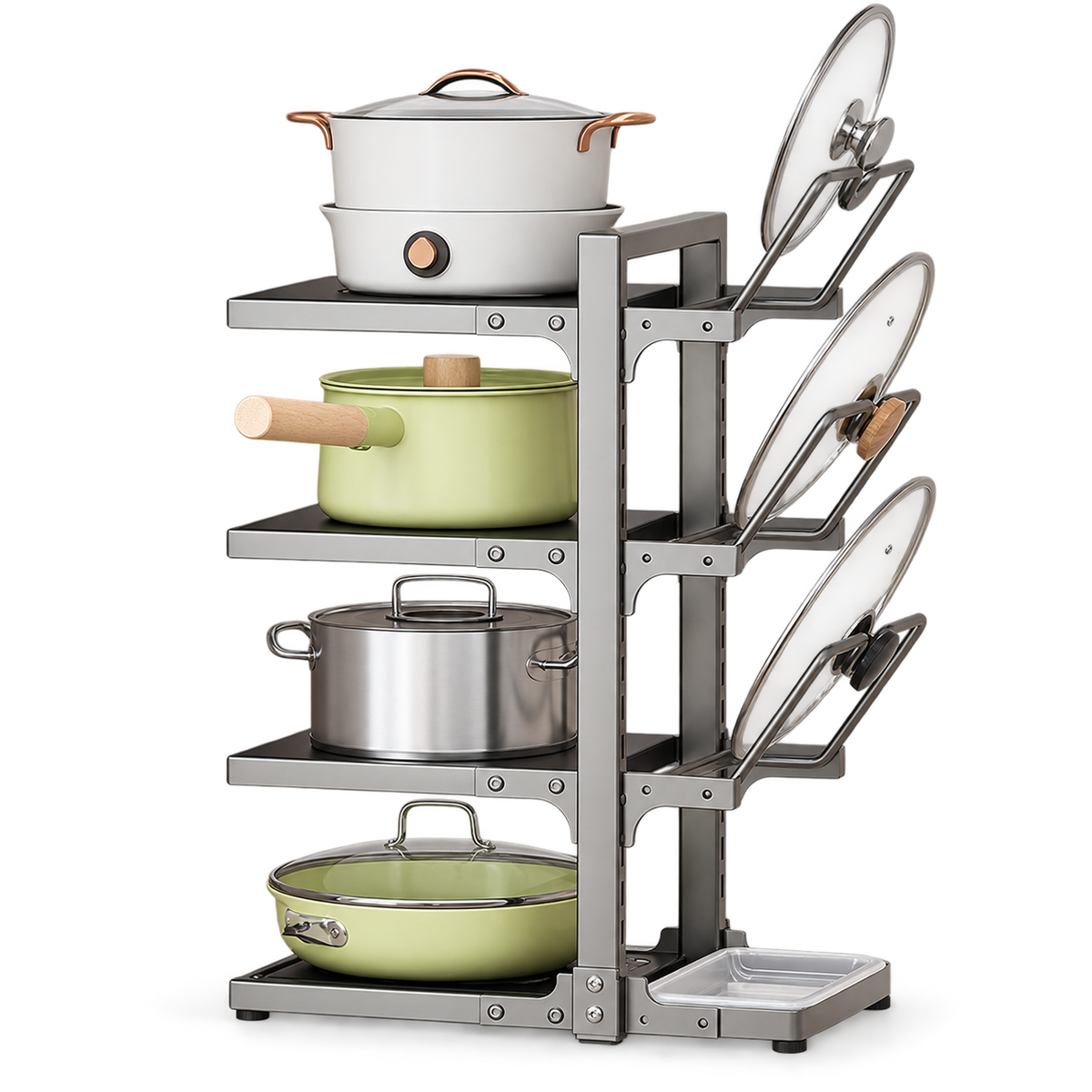 ستاند معدن 4 رفوف مع مسافة لتوفير المساحات - 4-Tier Metal Pot and Lid Organizer
