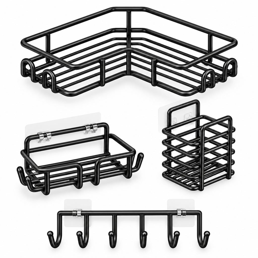 طقم 4 قطع معدن تلزيق للحمام - 4-Piece Adhesive Metal Bathroom Organizer Set