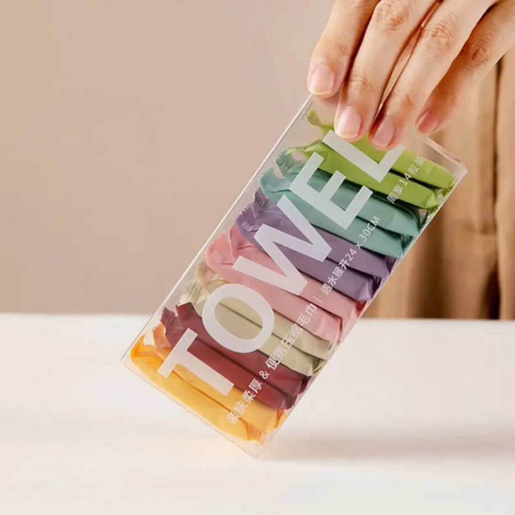 منشفة مضغوطه بعلبه 14 قطعه — Compressed Towels in a Container – 14 Pieces