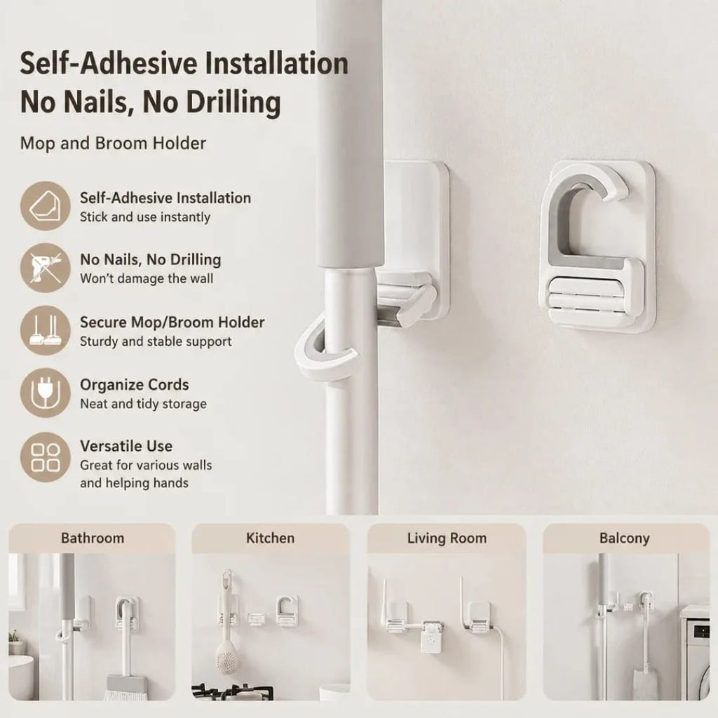 تعليقة عصاية تلزيق متعددة الاستخدام – بدون حفر — Self-Adhesive Multi-Purpose Mop Holder – No Drilling