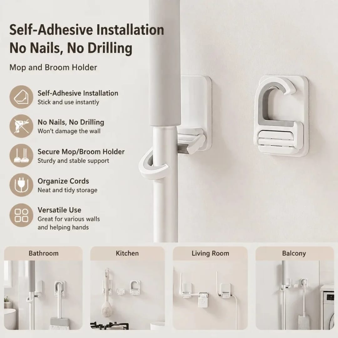 تعليقة عصاية تلزيق متعددة الاستخدام – بدون حفر — Self-Adhesive Multi-Purpose Mop Holder – No Drilling