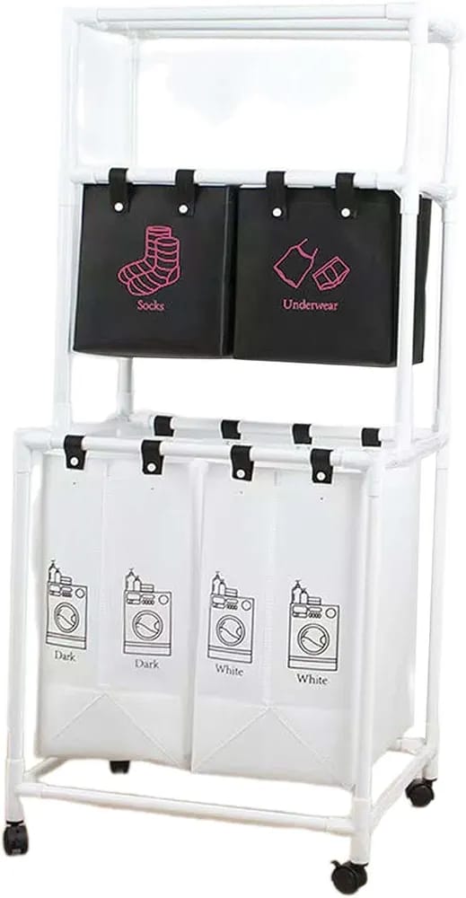 ستاند لفرز الغسيل مع دواليب و 4 خانات ودرجين علويين — 4-Section Rolling Laundry Sorter with 2 Top Drawers