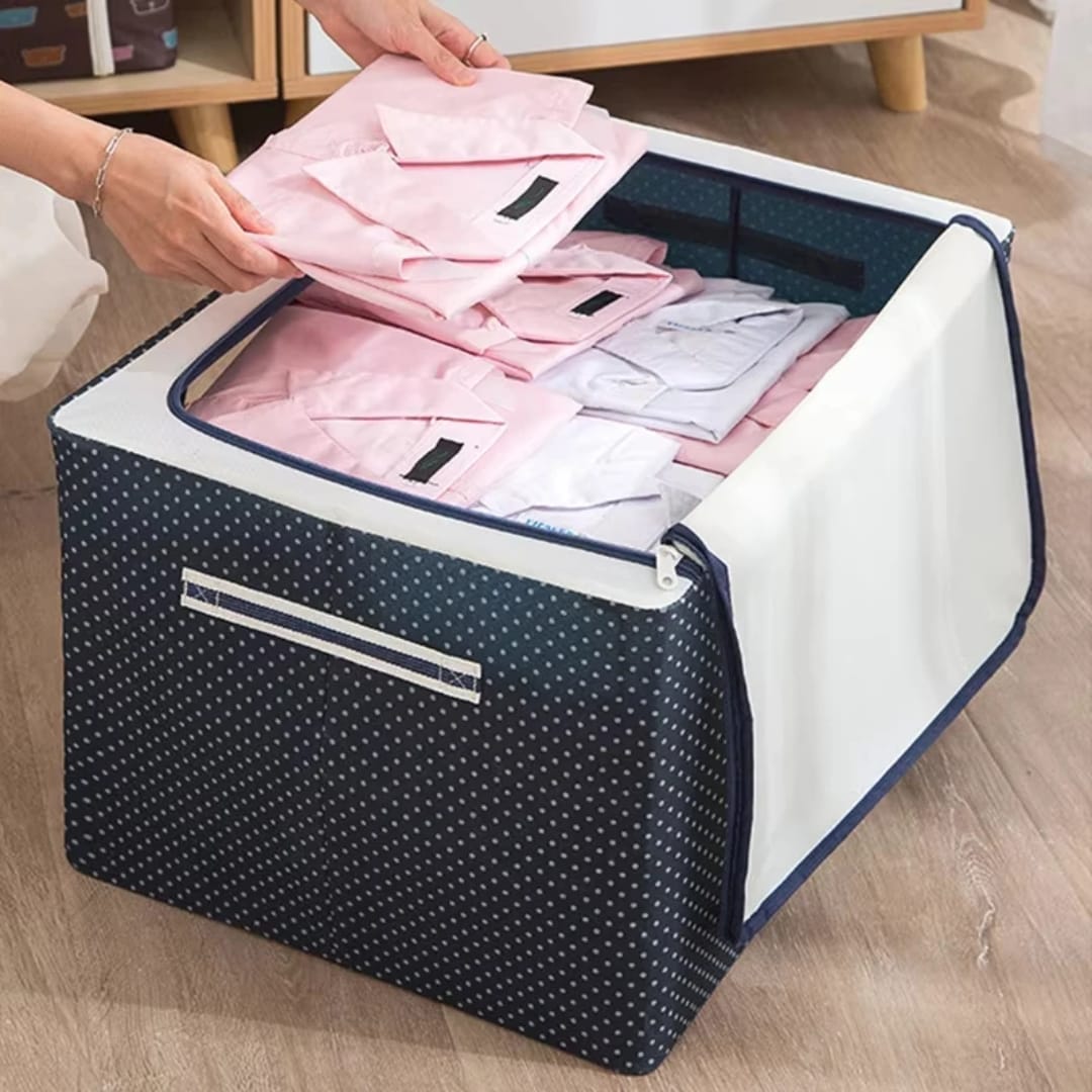 صندوق تخزين قماشي قابل للطي بسحاب أمامي وعلوي – 50 × 40 × 35 سم — Foldable Fabric Storage Box with Front and Top Zippers – 50 × 40 × 35 cm