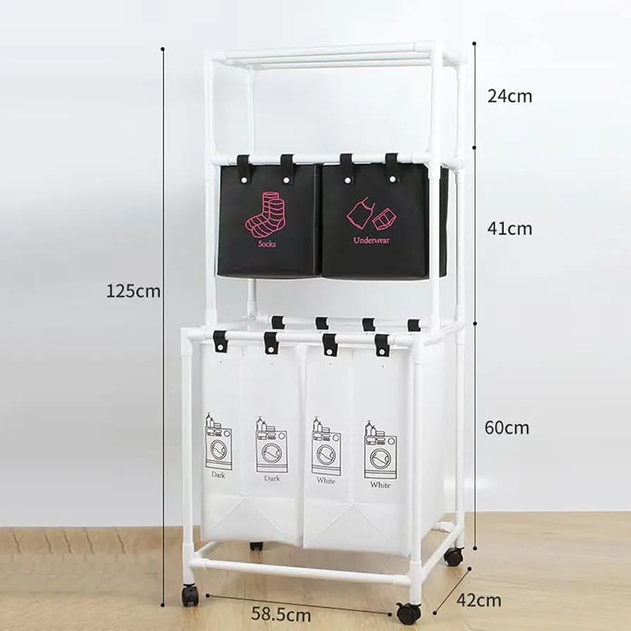 ستاند لفرز الغسيل مع دواليب و 4 خانات ودرجين علويين — 4-Section Rolling Laundry Sorter with 2 Top Drawers