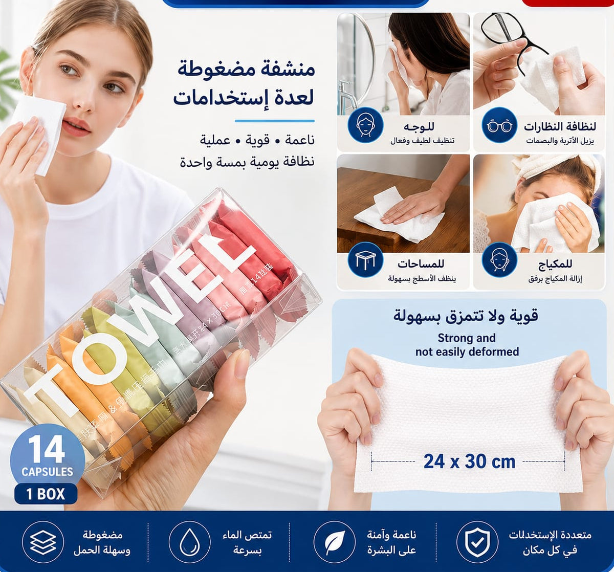 منشفة مضغوطه بعلبه 14 قطعه — Compressed Towels in a Container – 14 Pieces