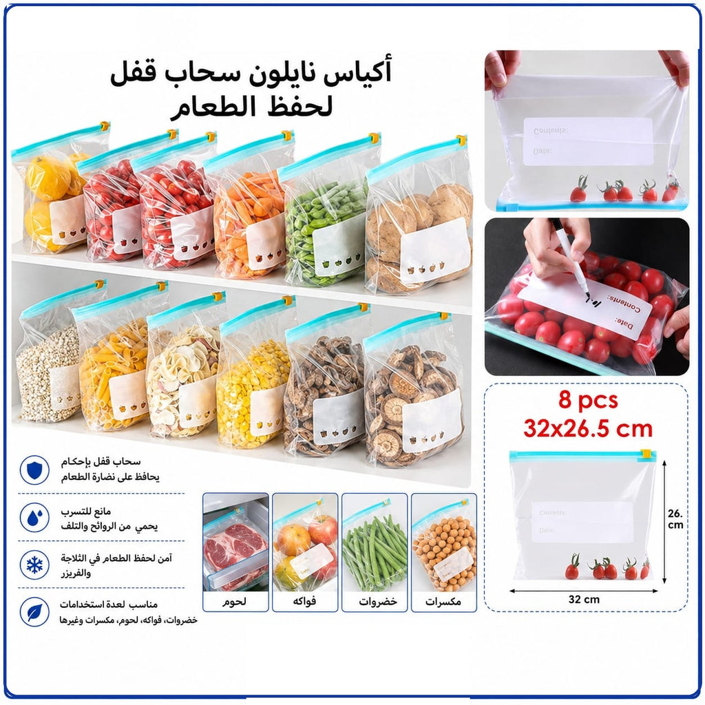 طقم أكياس نايلون بسحّاب لحفظ الطعام – 8 قطع — Zipper Food Storage Bags – 8 Pieces